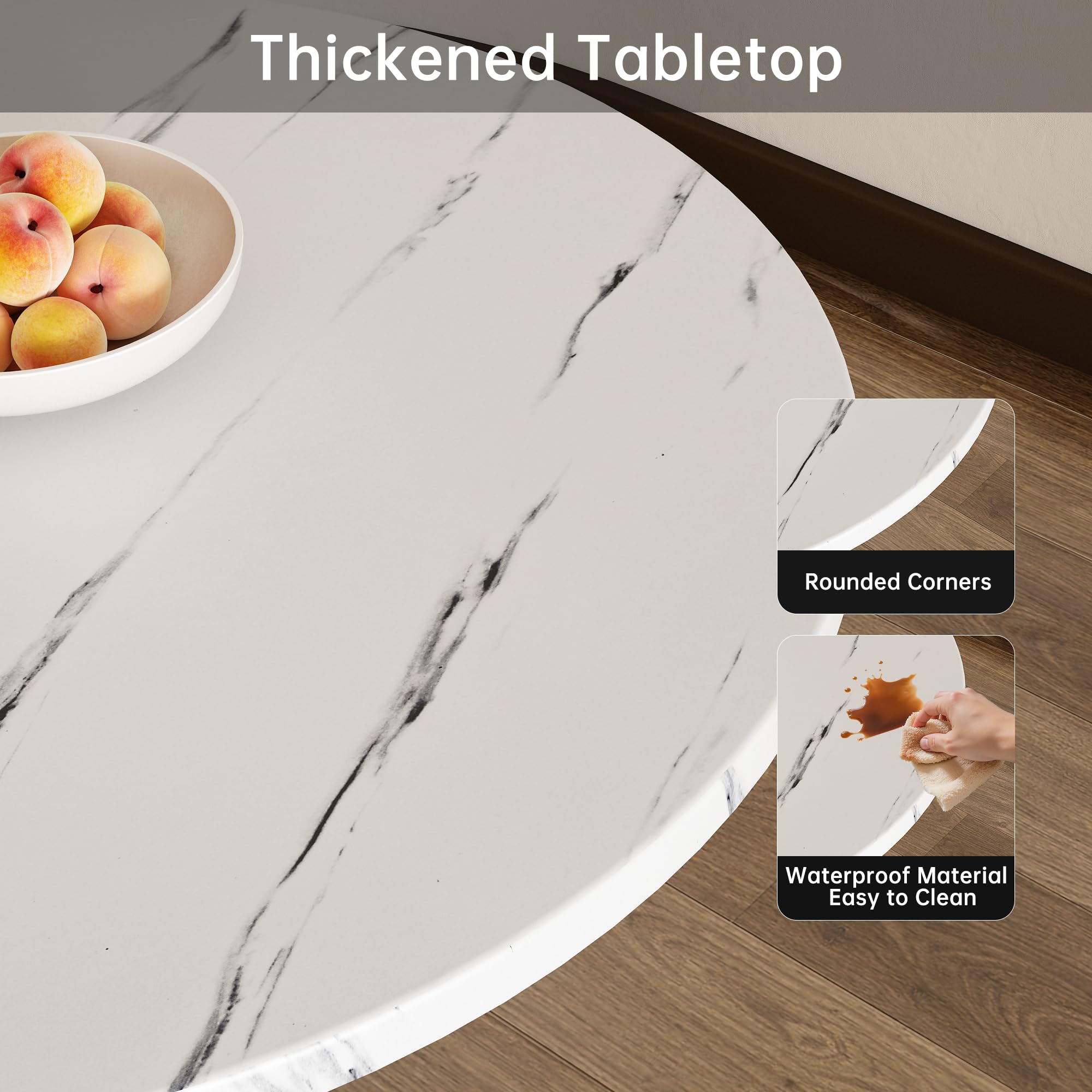 Kasinali White Marble Round Dining Table 24" Circle Tulip Table with Thickened Tabletop & Sturdy Metal Pedestal Mid Century Modern Leisure Bistro Kitchen Tables 2 People Small Places Living Room Cafe