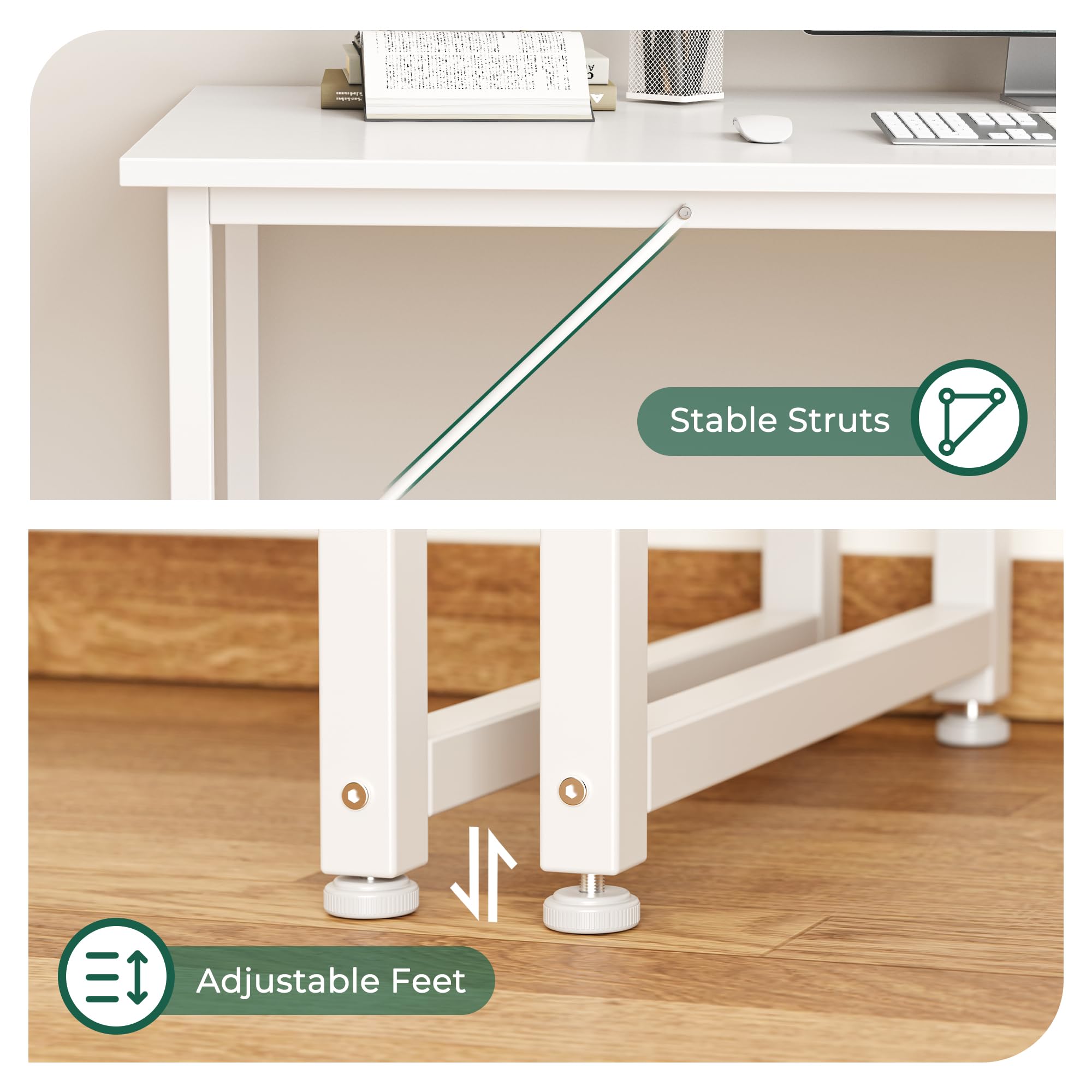 Computer Desk, 48 Inch Office Desk, Gaming Desk with Storage, Writing Desk Work Desk for Home Office, Study, Modern Simple Desk, Large Legroom, Metal Frame, White
