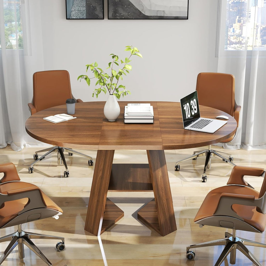 Round Conference Table for 4-6 People,43.3in-59in Extendable Wooden Oval Meeting Room Table with Removable Leaves,Space Saving,Office Table with Storage Shelf for for Office Conference Room (Walnut)