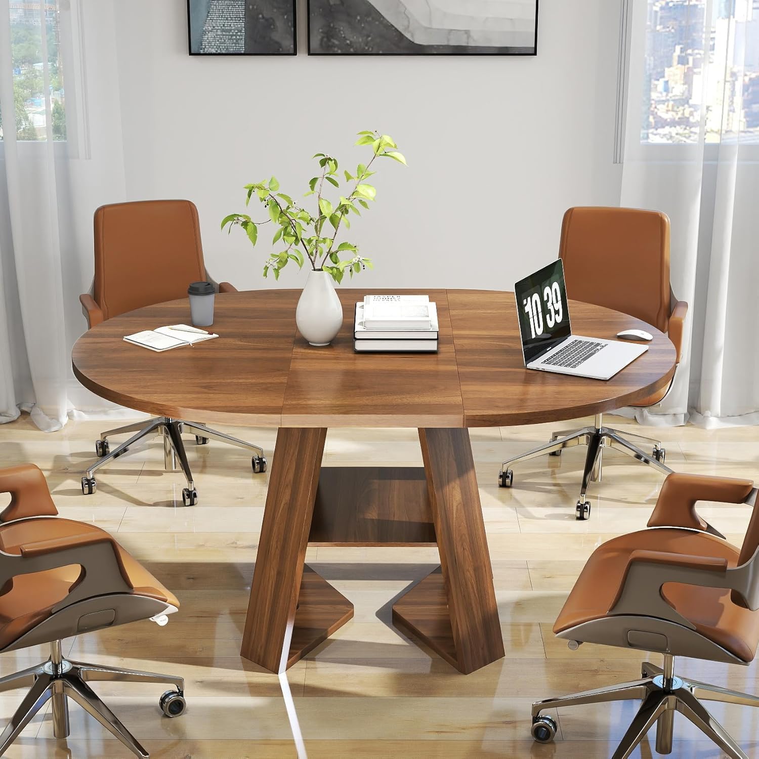 Round Conference Table for 4-6 People,43.3in-59in Extendable Wooden Oval Meeting Room Table with Removable Leaves,Space Saving,Office Table with Storage Shelf for for Office Conference Room (Walnut)