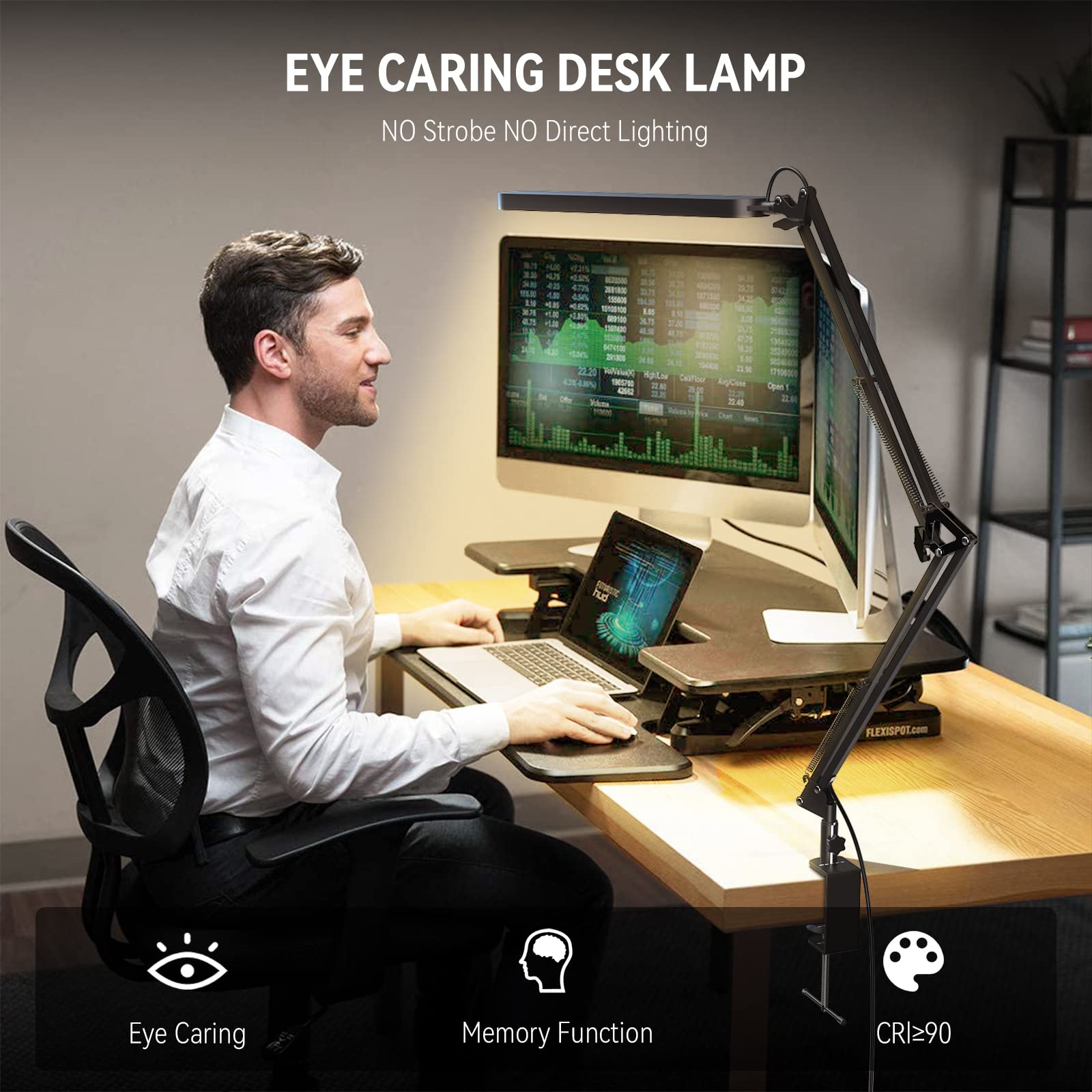 Desk Lamp for Office, Eye Comfortable LED Desk Light for Long Hours, Adjustable Swing Arm with Memory Function, Black