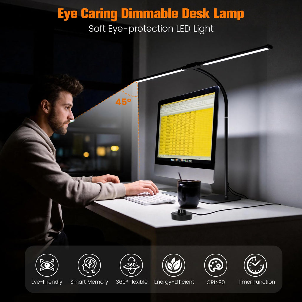 Desk Lamp for Home Office,Adjustable Double Head Desk Light with Base Black