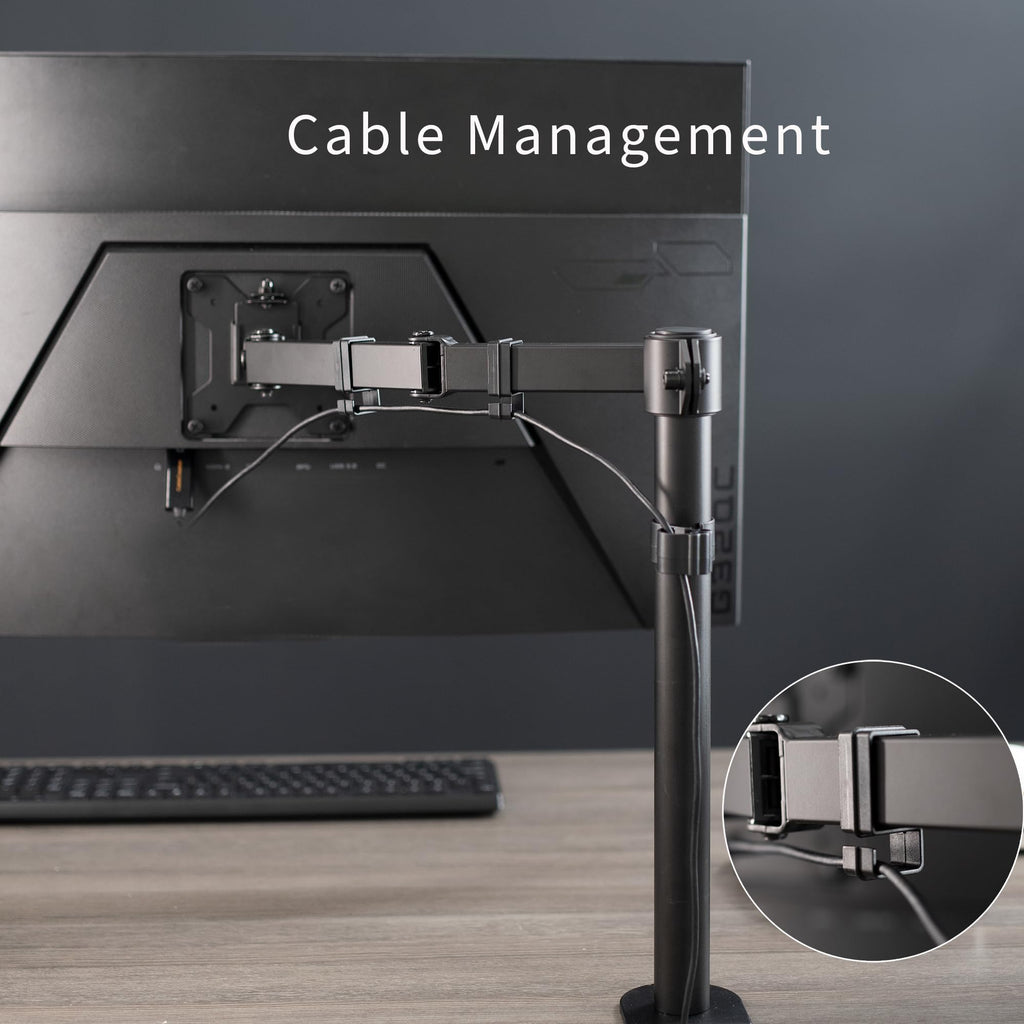 Single 13 to 38 inch Ultrawide Monitor Arm Desk Mount, Regular Screens up to 32 inches, 22 lbs capacity, Fully Adjustable Stand with C-Clamp and Grommet Base, Black, STAND-V001