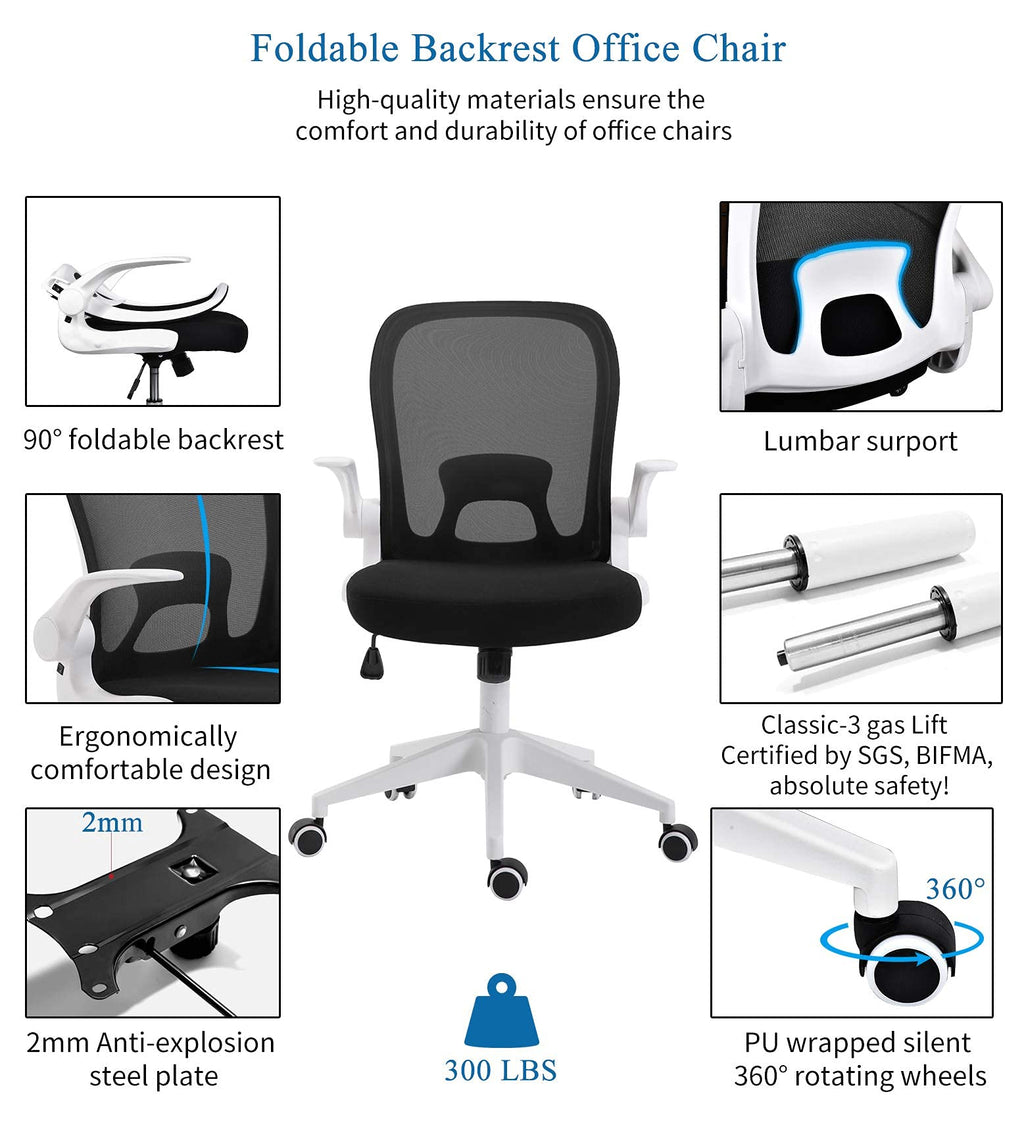 Foldable Office Chair - Home Office Desk Chairs with Wheels and Flip-Up Arms - Ergonomic Backrest Mesh Computer Chair Adjustable Swivel Rolling Home Executive (White)