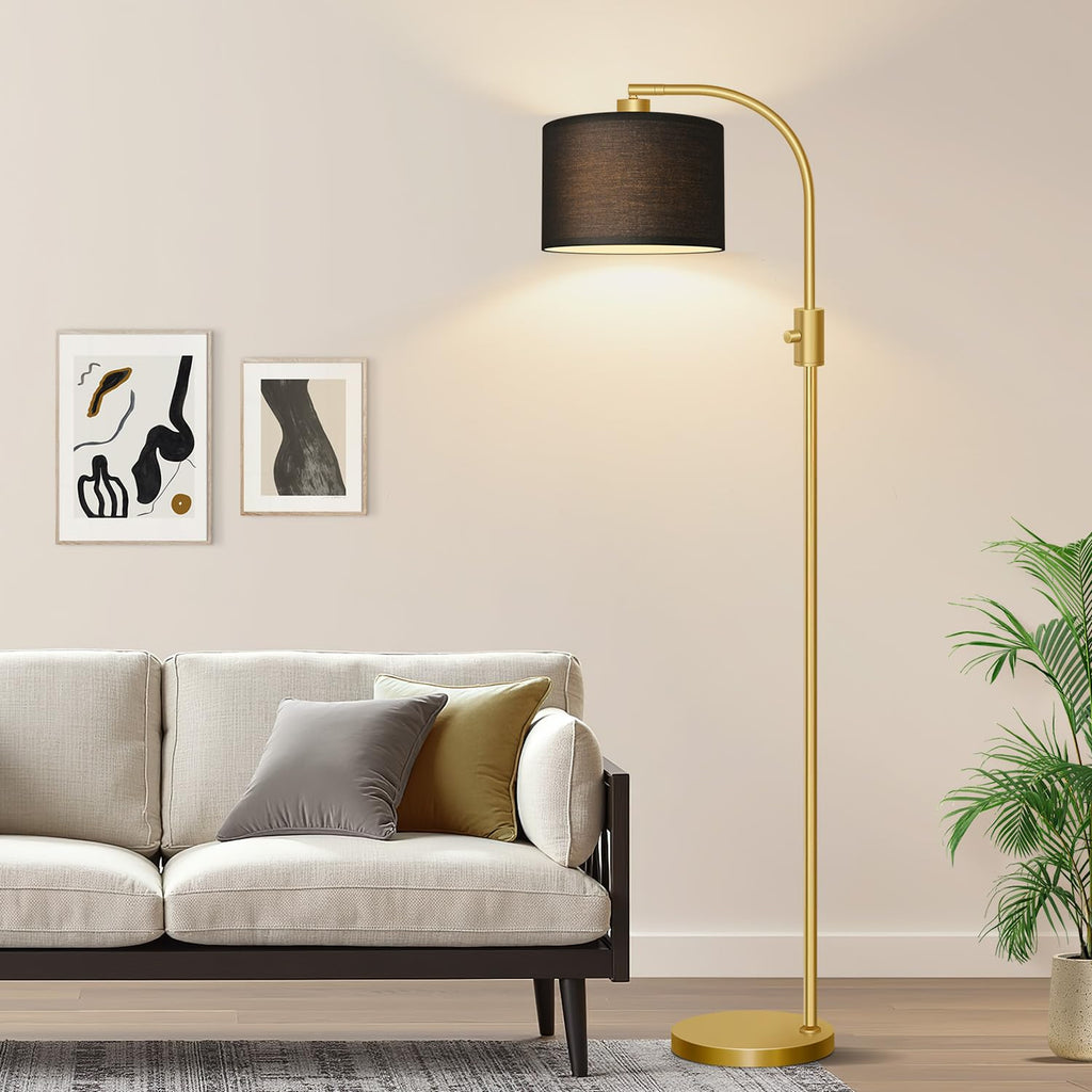 Upgraded Modern Arc Dimmable Tall Standing Floor Lamp with Black Shade, 1200 Lumens LED Bulb Included, for Living & Reading Room, Bedroom, Office & Nursery, Gold