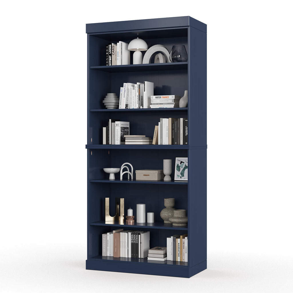 Solid Wood Bookcase - Stackable Modular 6-Tier Bookshelf - 71.5" Tall x 32" W - Navy Blue, Open Display Shelf for Living Room, Office, Renewable 100% Eco-Friendly Wood, Made in Brazil