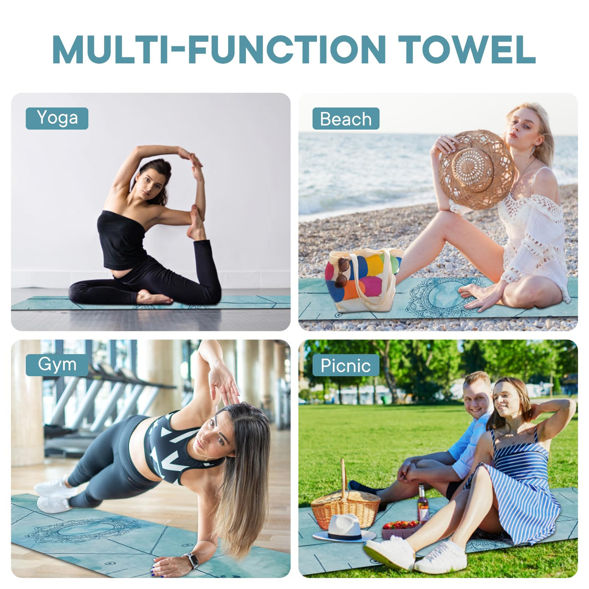 Yoga Towels, Non Slip Hot Yoga Mat Towel with Grip Dots,Super-Absorbent Soft Microfiber Yoga Blanket for Pilates, Fitness and Workout 72inch x 24inch Blue