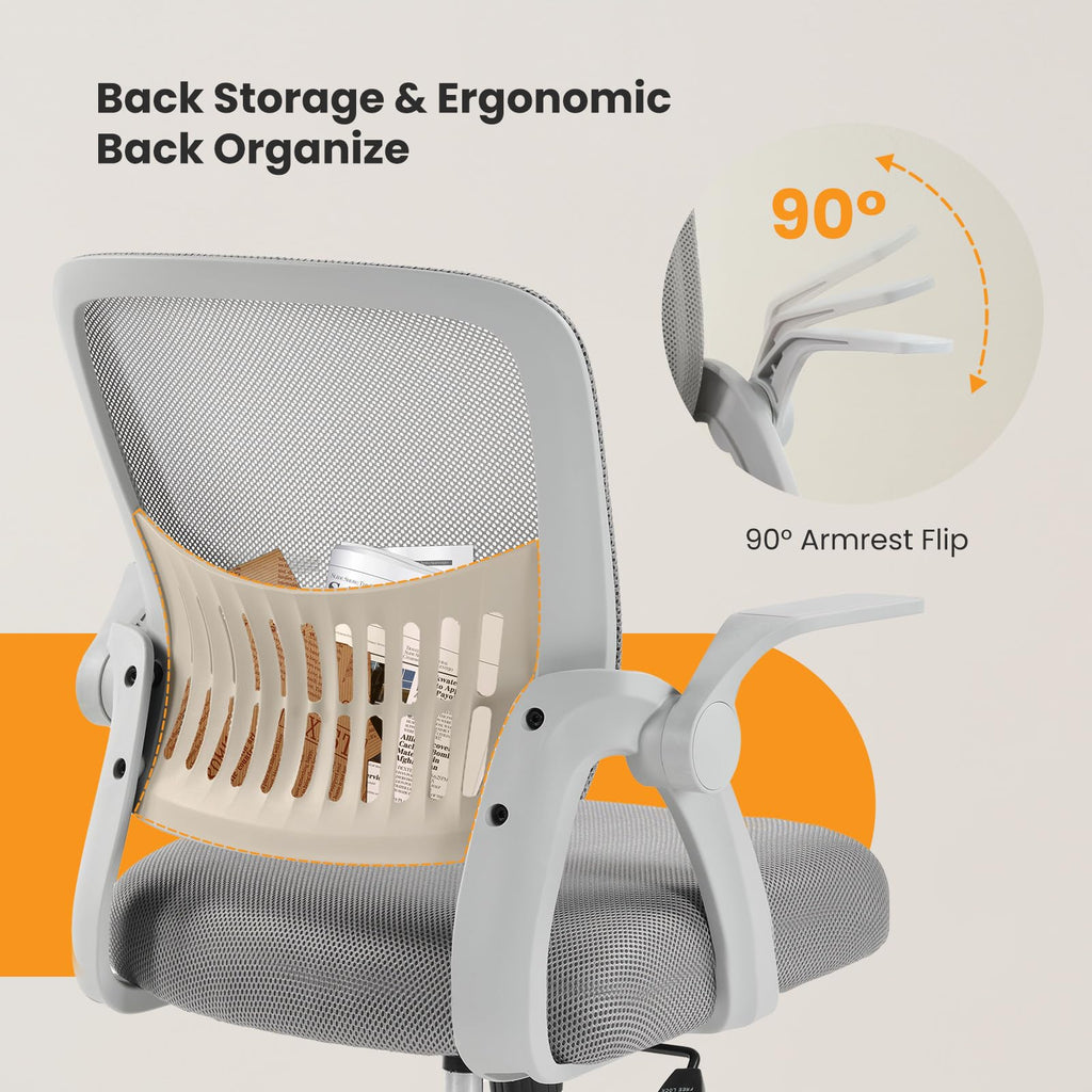 Home Office Managerial Executive Chair, Flip Up Armrest Ergonomic Mesh Adjustable Swivel Mid-Back Computer Desk Chair with Comfortable Lumbar Support, Comfy Arms for Bedroom,Study