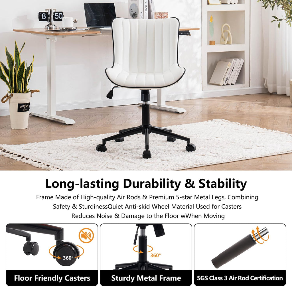 White Armless Office Chair Faux Leather Small Cute Desk Chair with 12° Rocking Back Adjustable Height Swivel Vanity Chair Ergonomic Compact Home Computer Rolling Task Chair for Small Spaces