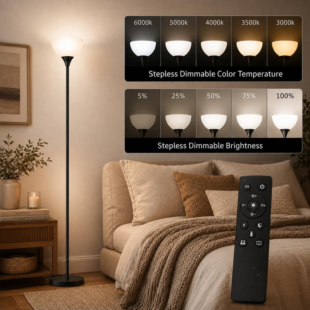 Floor Lamp, Remote Control with Stpeless Color Temperatures and Brightness, Torchiere lamp for Bedroom, Living Room, Bulb Included (Matte Black)