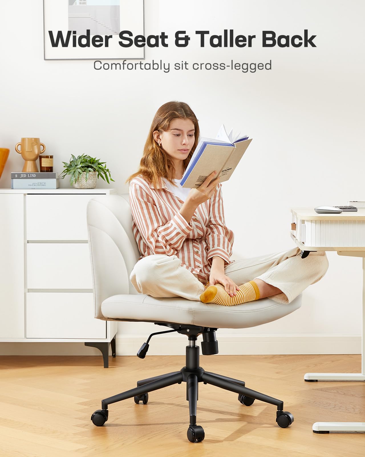 Criss Cross Chair with Wheels: PU Leather Cross Legged Office Chair Wide Armless Desk Chair Swivel Height Adjustable Vanity Chair for Make Up,Small Space,Bed Room(Beige)