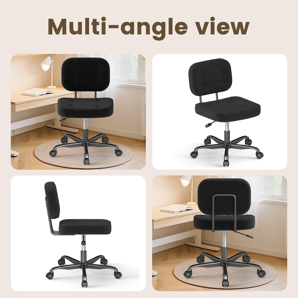 Teddy Fleece Office Chair Black Armless Swivel Task Chair with Adjustable Height & 360° Wheels for Home Office Study