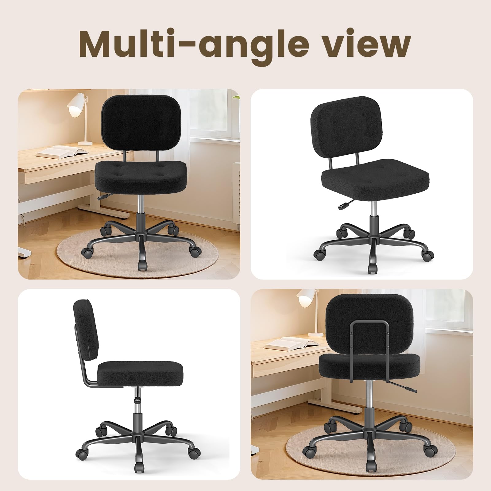 Teddy Fleece Office Chair Black Armless Swivel Task Chair with Adjustable Height & 360° Wheels for Home Office Study