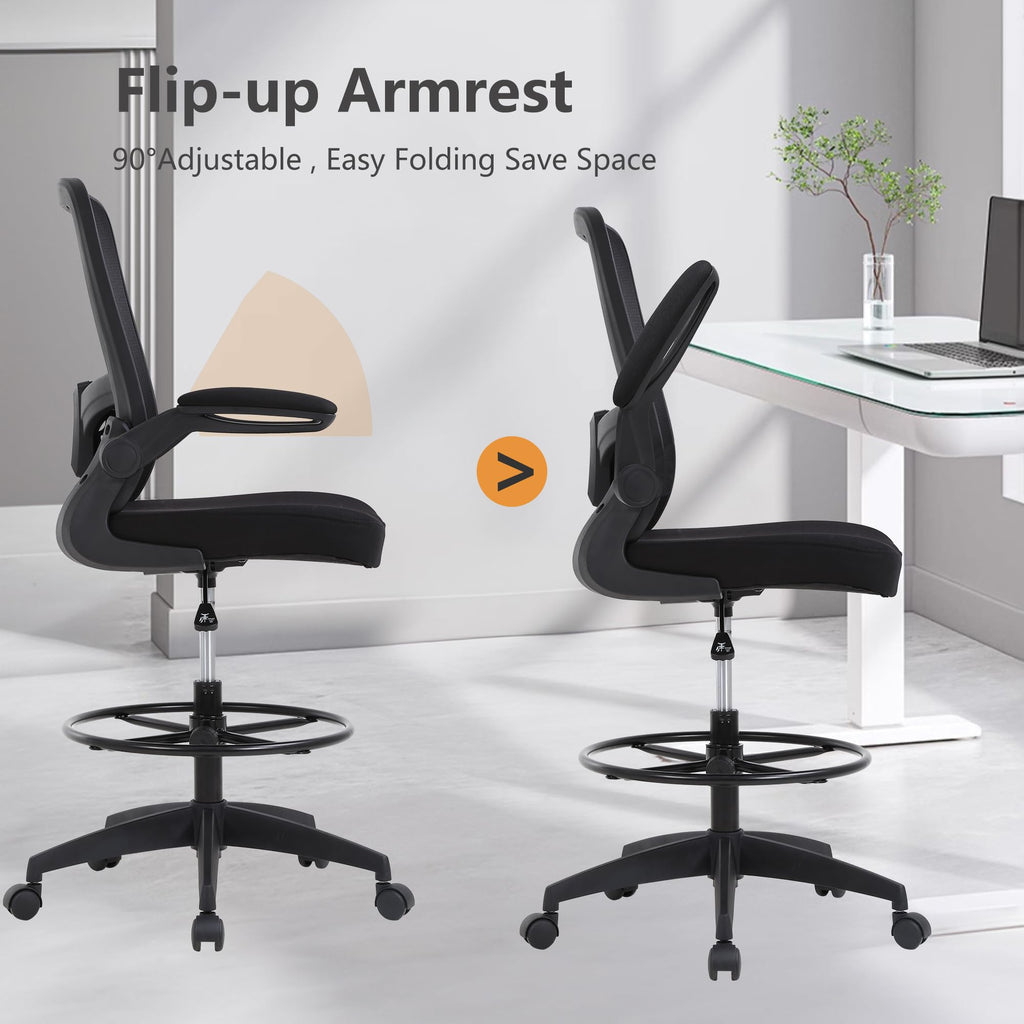Drafting Chair Tall Office Chair Adjustable Height with Lumbar Support Flip Up Arms Footrest Mid Back Task Mesh Desk Chair Computer Chair Drafting Stool for Standing Desk (B-Black)
