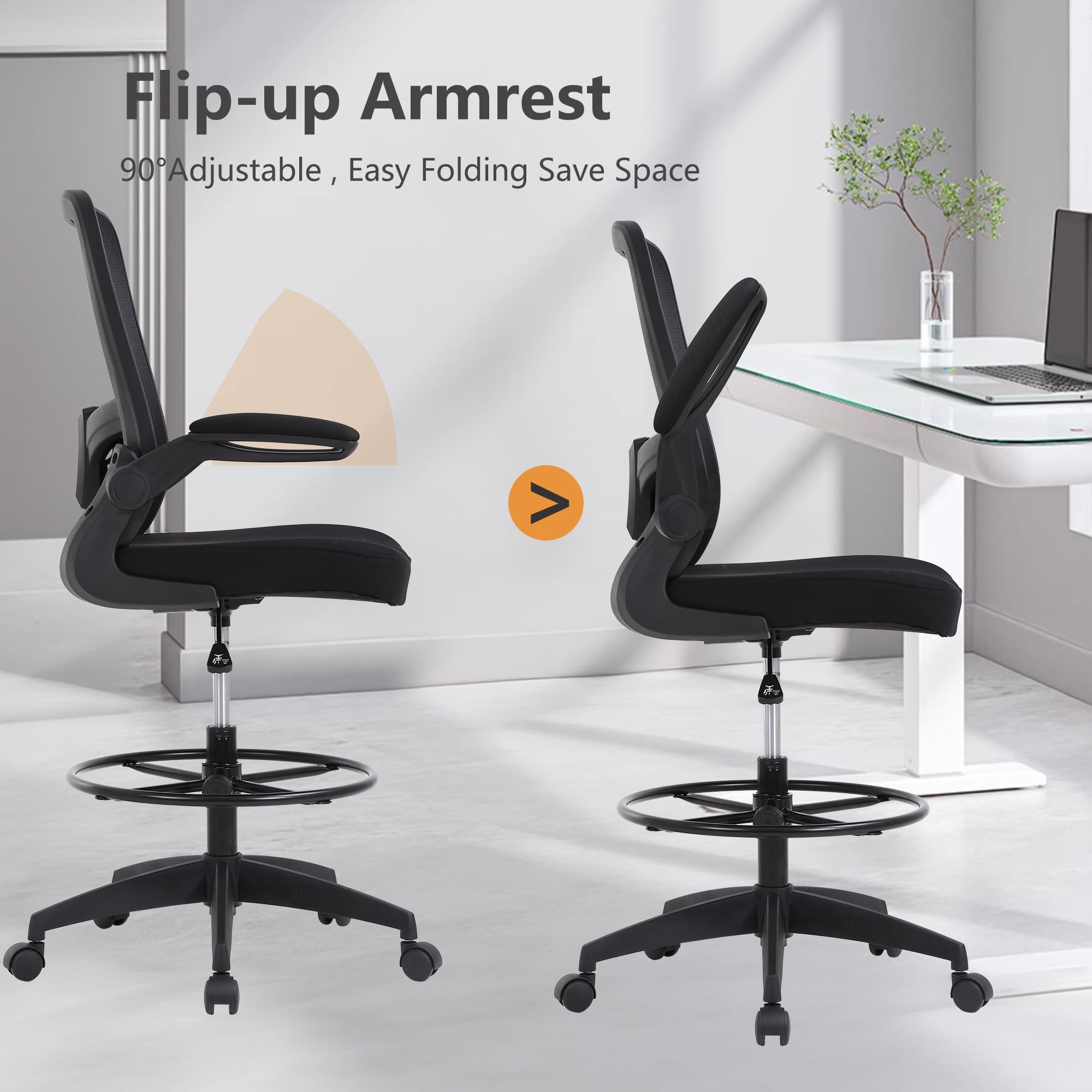 Drafting Chair Tall Office Chair Adjustable Height with Lumbar Support Flip Up Arms Footrest Mid Back Task Mesh Desk Chair Computer Chair Drafting Stool for Standing Desk (B-Black)