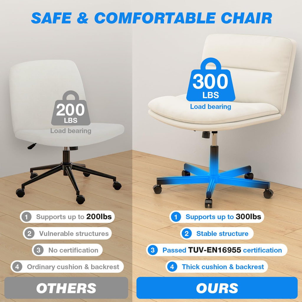 Ergonomic Armless Criss Cross Chair with Height Adjustable and Swivel, Wide & Thickened Cushion Cross Legged Vanity Chair, Comfortable PU Leather Desk Chair for Computer Task and Make Up, White