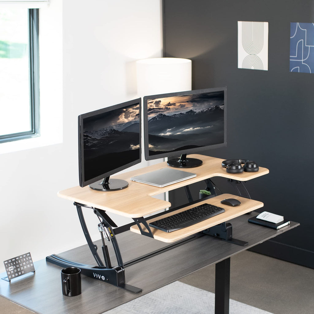 42 inch Height Adjustable Stand Up Desk Converter, V Series, Quick Sit to Stand Tabletop Dual Monitor Riser Workstation, Light Wood Top, Black Frame, DESK-V000VLO