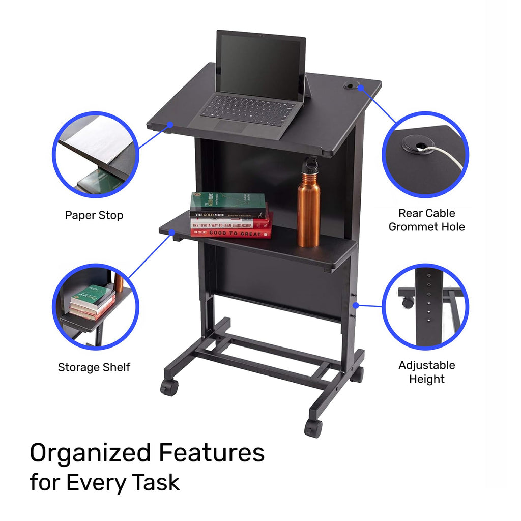 Desk Store Mobile Adjustable Height Rolling Lectern Podium with Heavy Duty Steel Frame (Black Frame/Black Shelves, 25.5" Wide)