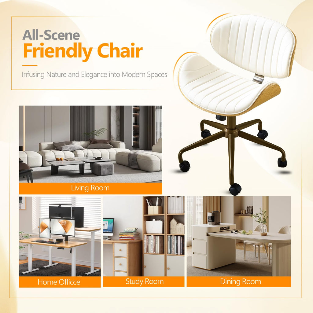 Wide Comfotable Swivel Home Office Chair with Wood-Grain Curved Shell,Ergomomic Mid-Back Padded Armless Rolling Desk Chair with Wheels,Height Adjustable for Computer,Task,Work,PU Leather,White