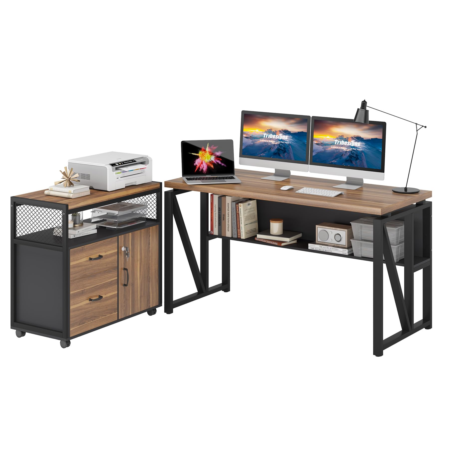 55" Executive Desk with Reversible File Cabinet, Large L-Shaped Office Desk with Drawers, Business Furniture Workstation for Home Office (Dark Walnut, 55-inch)