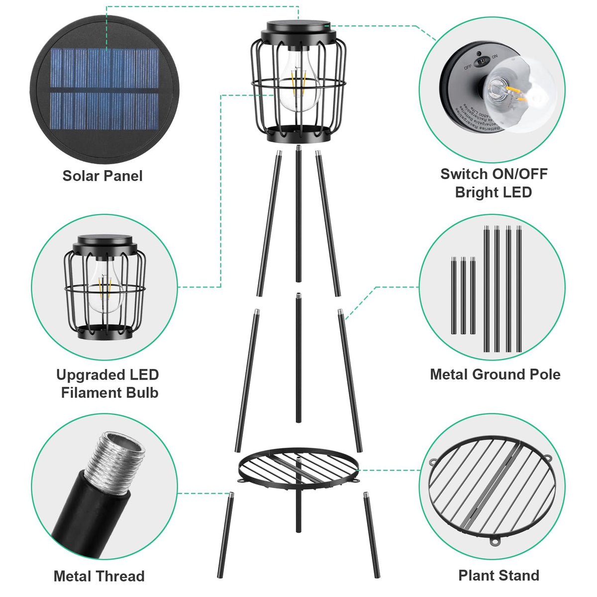 Solar Lights with Plant Stand, Outdoor Floor Lamp, Waterproof Solar LED Edison Bulb Light Flower Shelf for Patio Porch Deck Yard Garden Decor-1 Pack
