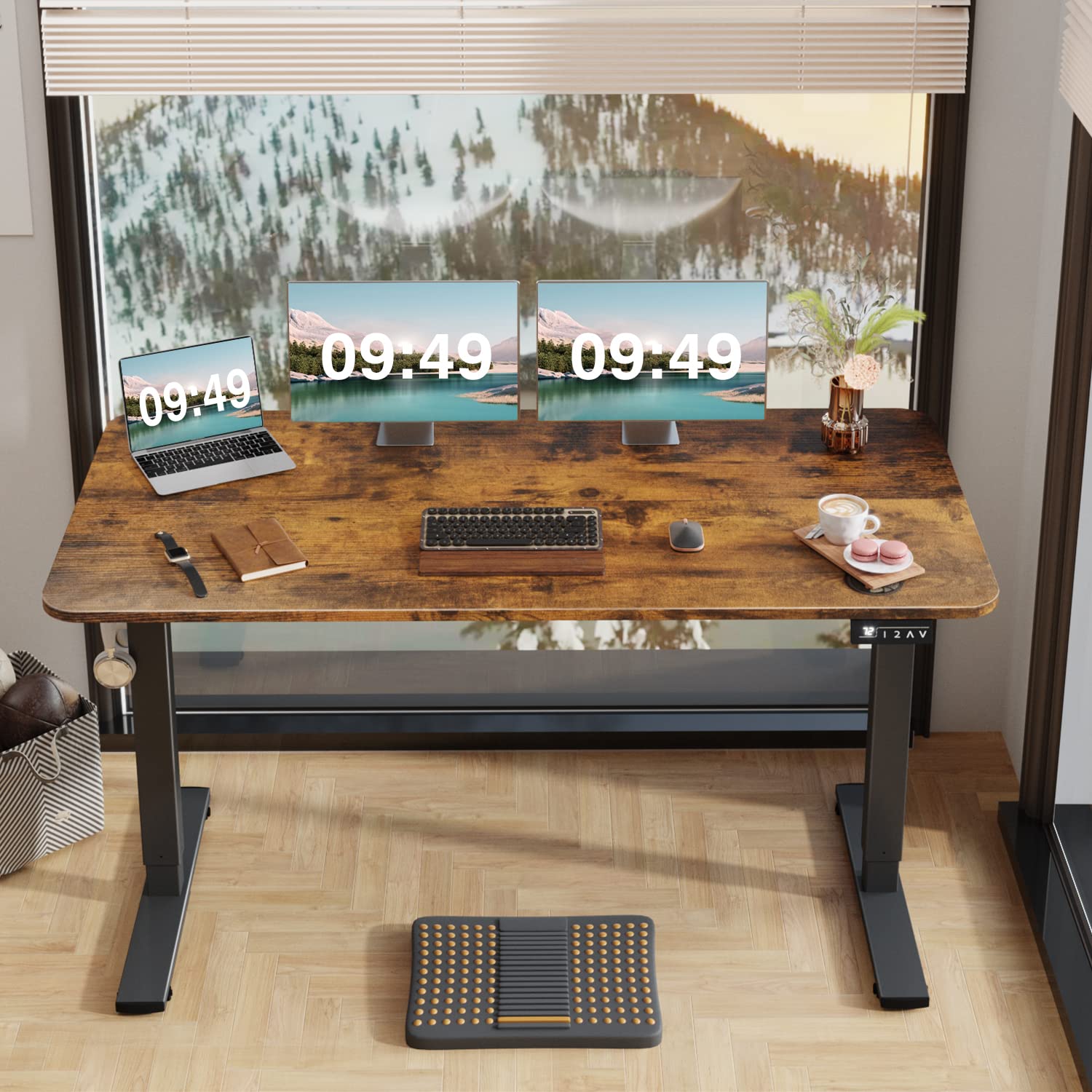 Electric Height Adjustable Standing Desk Large 55 x 24 Inches Sit Stand up Desk Home Office Computer Desk Memory Preset with T-Shaped Metal Bracke, Brown