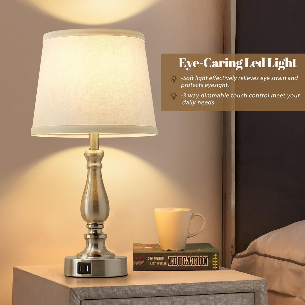 Table Lamps for Bedrooms Set of 2 - Touch Bedside Lamps with USB C+A Ports,Dimmable White Nightstand Lamps for End Tables, Farmhouse Night Stand Lamps for Living Room Bed Side Guest Room