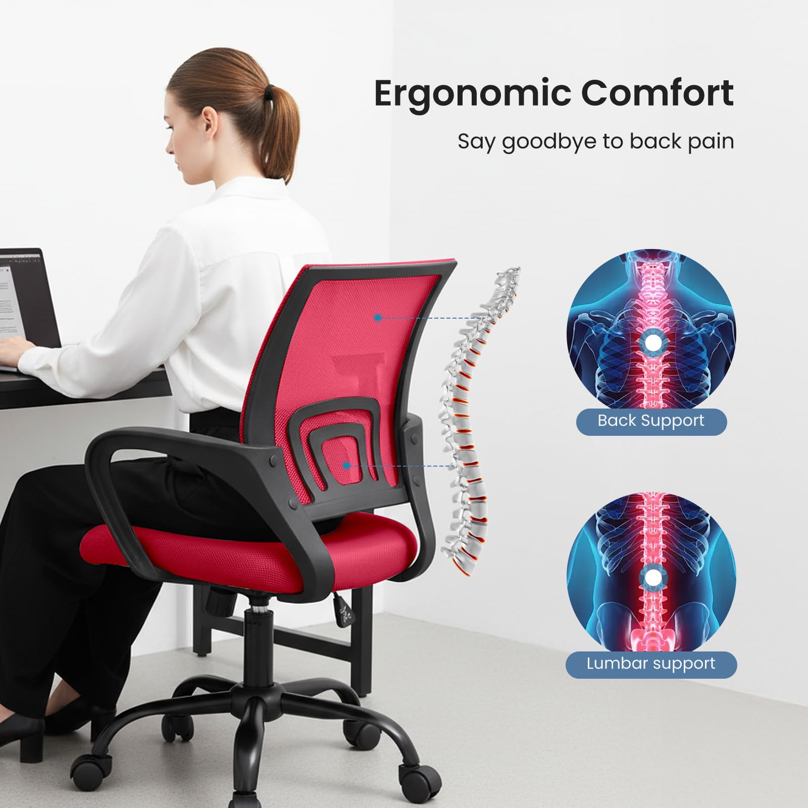 Office Desk Chair - Ergonomic Mid Back with Lumbar Support & Rocking Mode, Height Adjustable with Fixed Armrest, Storage Back for Computer, Gaming, Conference, Meeting Room, 360° Swivel, Red