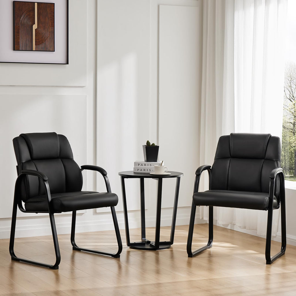 Set of 2, Waiting Room Guest Chair Stationary Office Reception Chairs No Wheel, Comfy Padded Arms and Seld Base, for Conference Room Lobby Home Computer Desk Bedroom Elderly, Deep Black