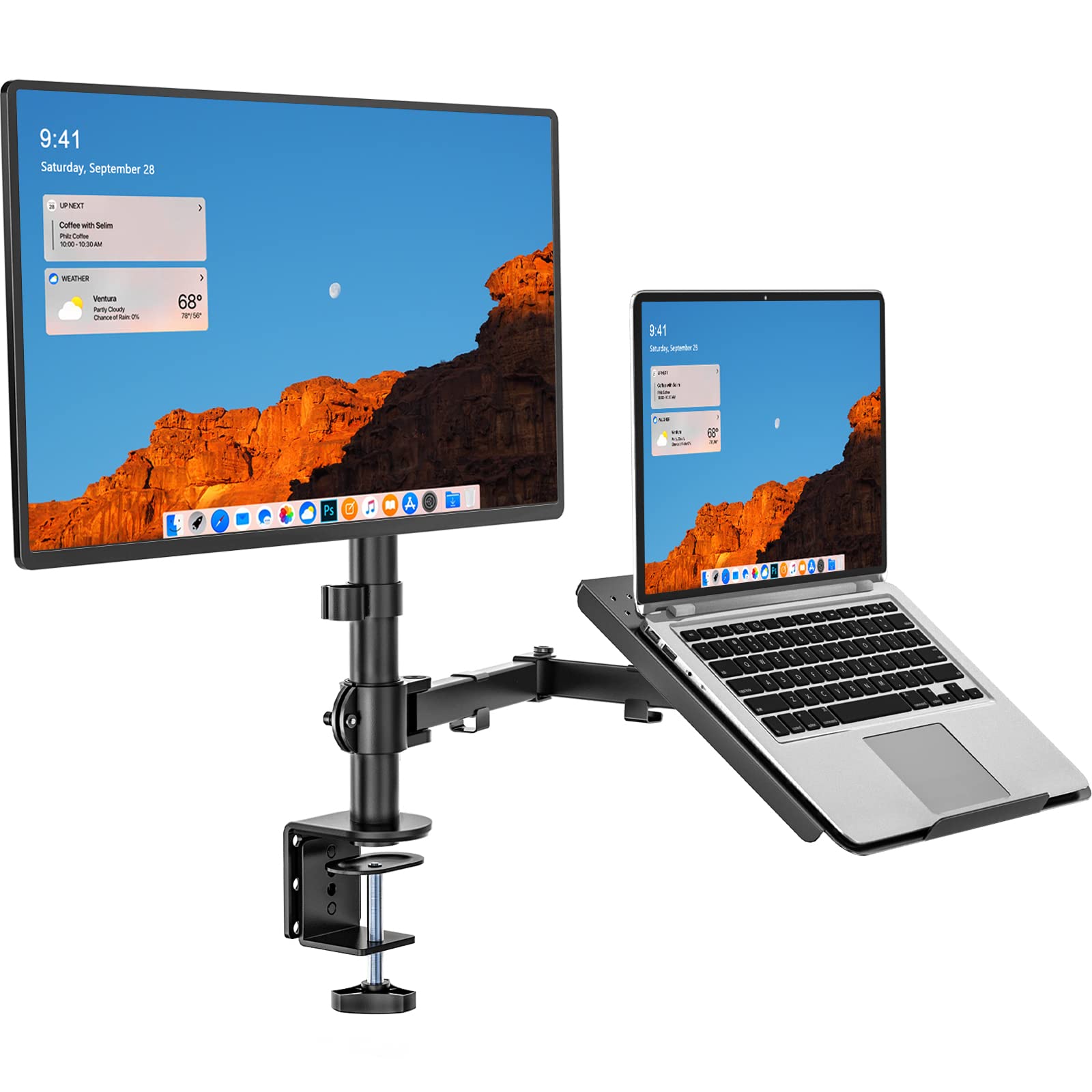 Dual Arm Laptop and Monitor Desk Mount for 17" Notebook and Up to 27" Screen, Fully Adjustable Monitor Arm with Laptop Tray, VESA 75x75 100x100, Holds up to 22 lbs, Black