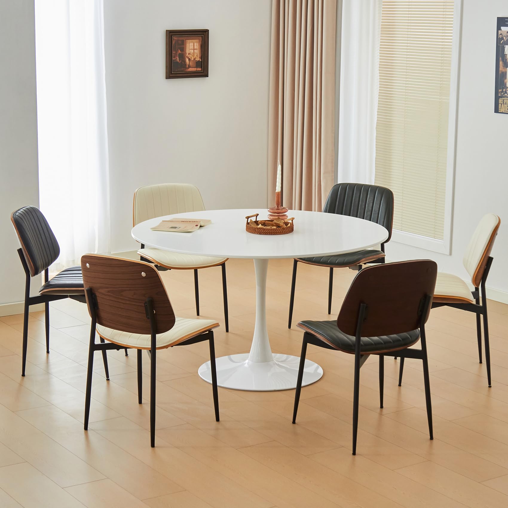 Hansweld 43.5" Tulip Table, Round Dining Table with Thickened Tabletop & Metal Pedestal, Mid Century Modern Bistro Circle Table for Kitchen, Small Places, Living Room, Cafe (White)