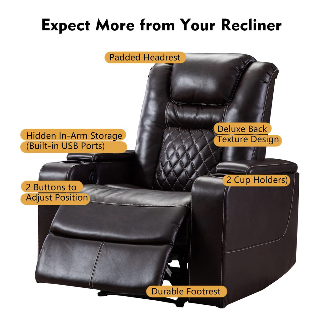 Electric Power Recliner Chair with USB Ports and Cup Holders, Breathable Leather Seating with Hidden Arm Storage (Brown)