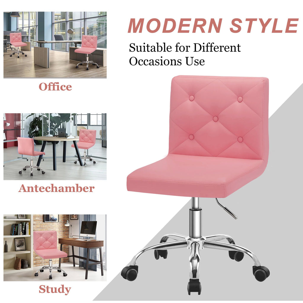 PU Leather Mid-Back Armless Vanity Chair Adjustable Height 360° Rolling Swivel for Office Work