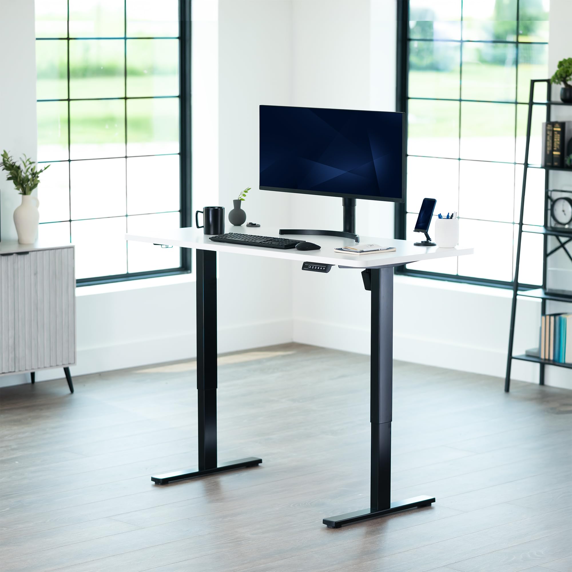 Electric 55 x 28 in Standing Desk, Memory Height Adjustment, 1B Series, Holds 220 lbs, One-Piece White Top, Black Frame