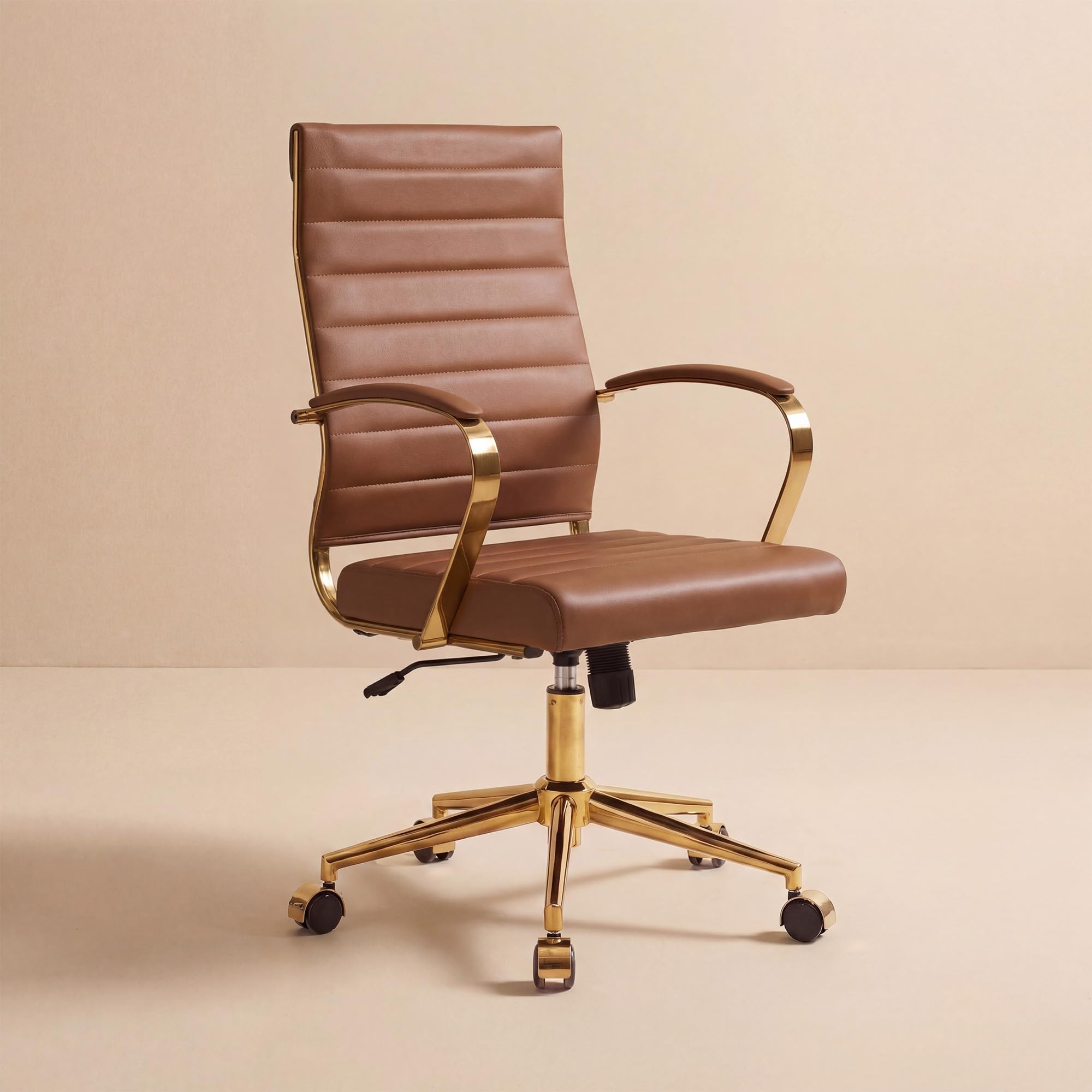 Gold Office Desk Chair, Ergonomic Leather Modern Conference Room Chairs, Executive Ribbed Height Adjustable Swivel Rolling Golden Chair for Home Office.