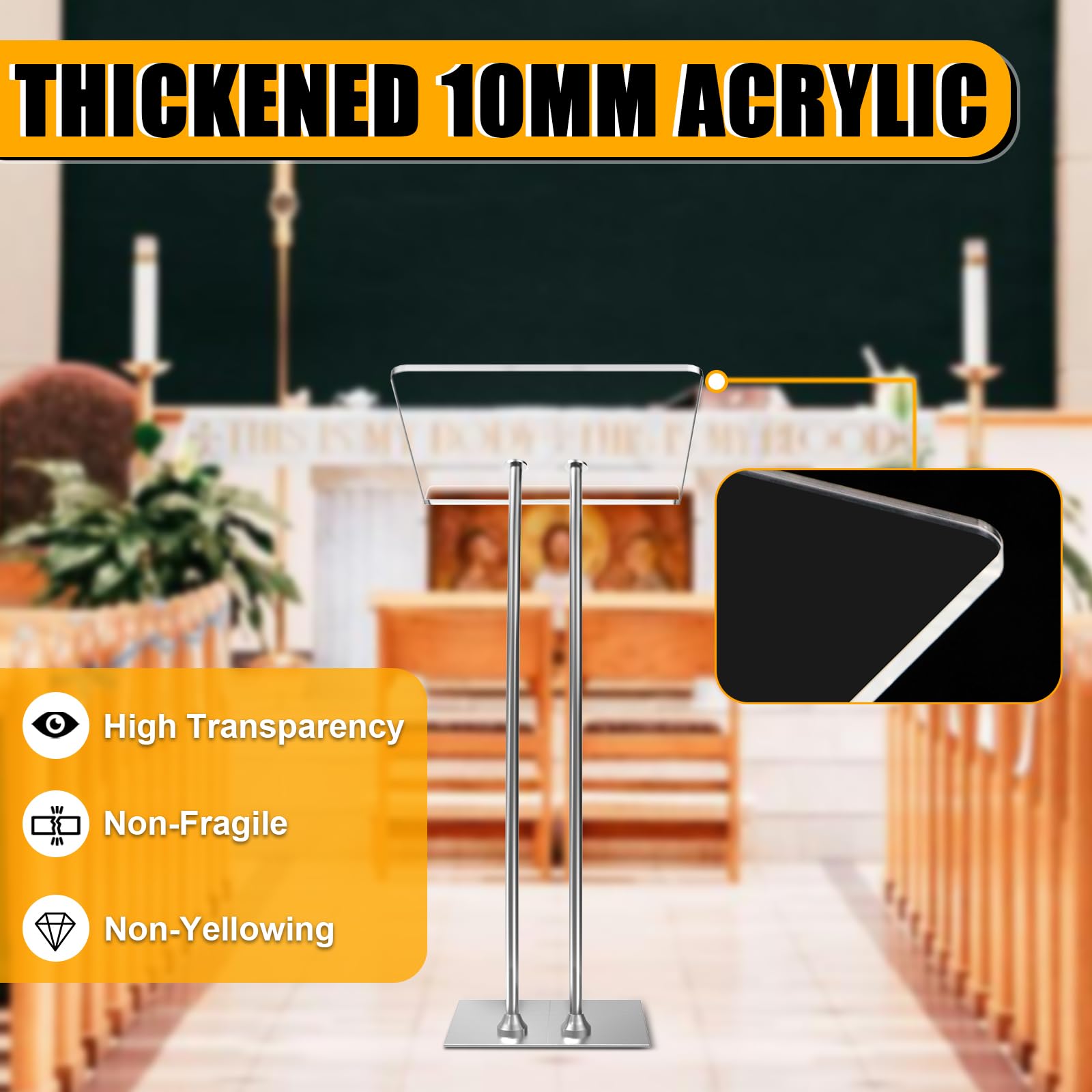 Vakiorn Acrylic Podium Lectern with Iron Stable Bottom, Pulpits for Churches with 10MM Thickened Acrylic Countertop, Multi Function Pulpit for Modern Classroom Music Concert Wedding Conference Event