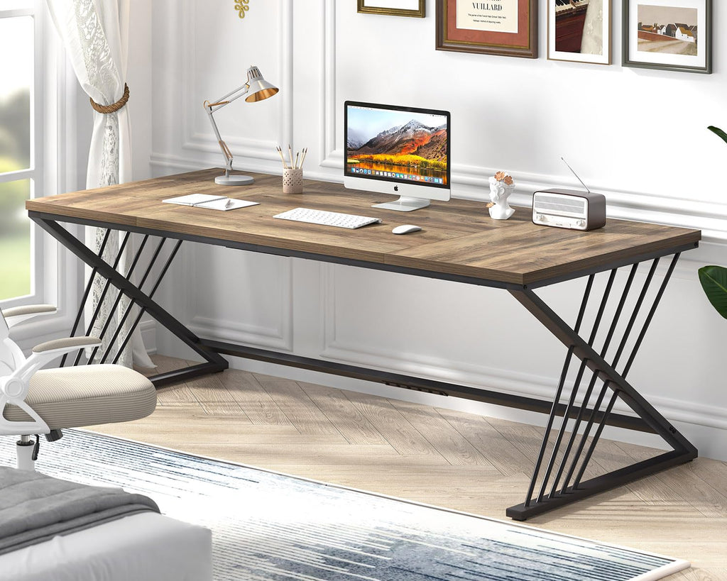 70.9" Computer Desk with Z-Shaped Legs, Industrial Work Executive Home Office Desk, Large 2 Person Gaming Study Desk Writing Table, Oak