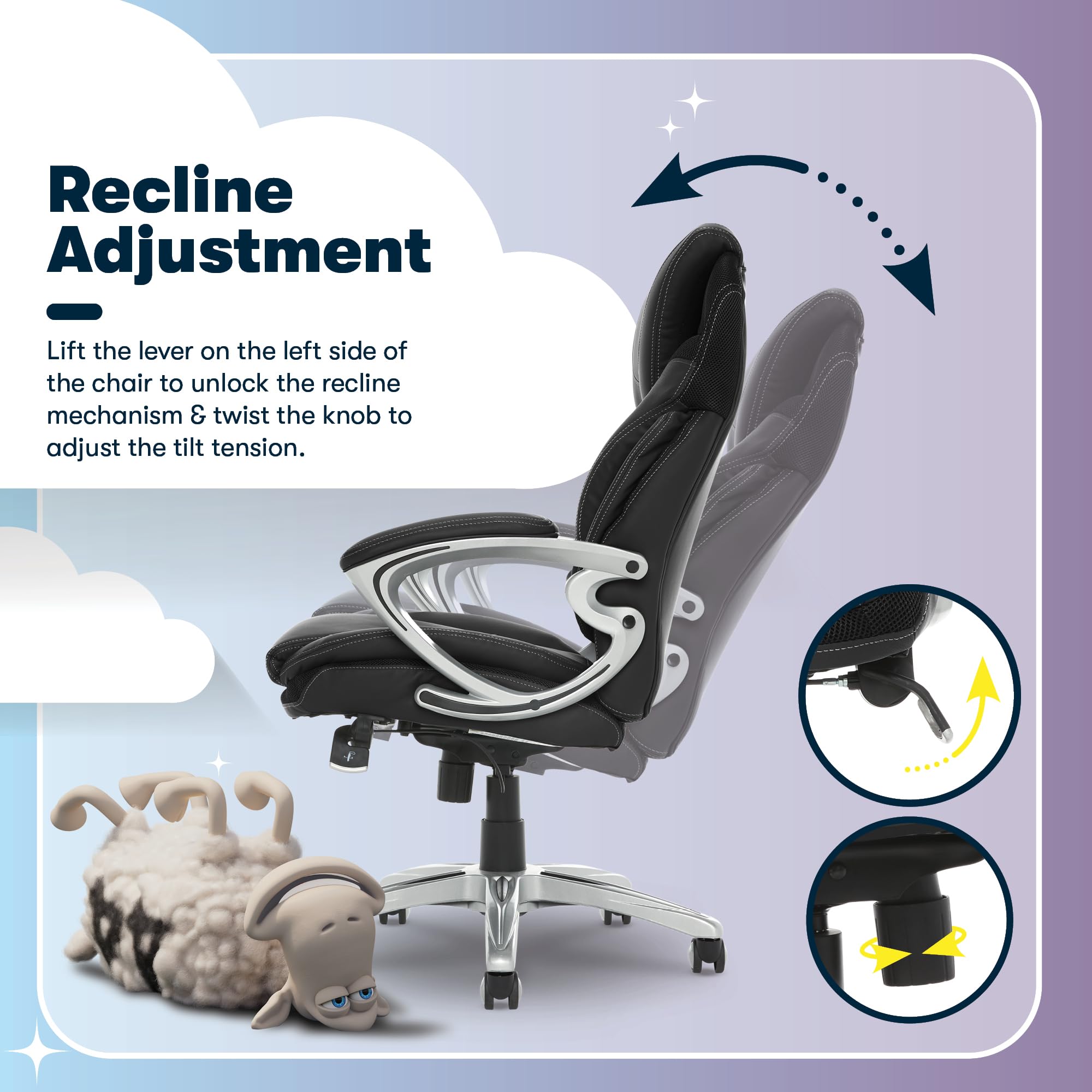Executive Office Chair - Ergonomic Computer DeskChair with Lumbar Technology - Adjustable Height - Memory Foam Body Pillows - 360° Swivel Rolling Base - Bonded Leather - Black