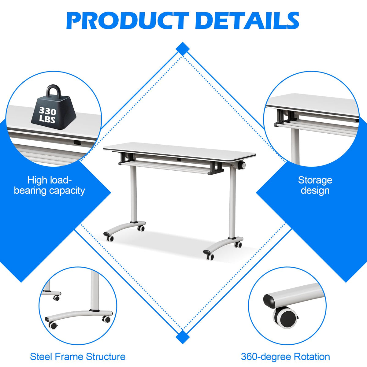 Conference Room Tables White,Folding Rectangular Flip Top Conference Table with Wheels for Large Meeting Seminar Home Office Classr (6, Little White, 47.2 * 15.7in)