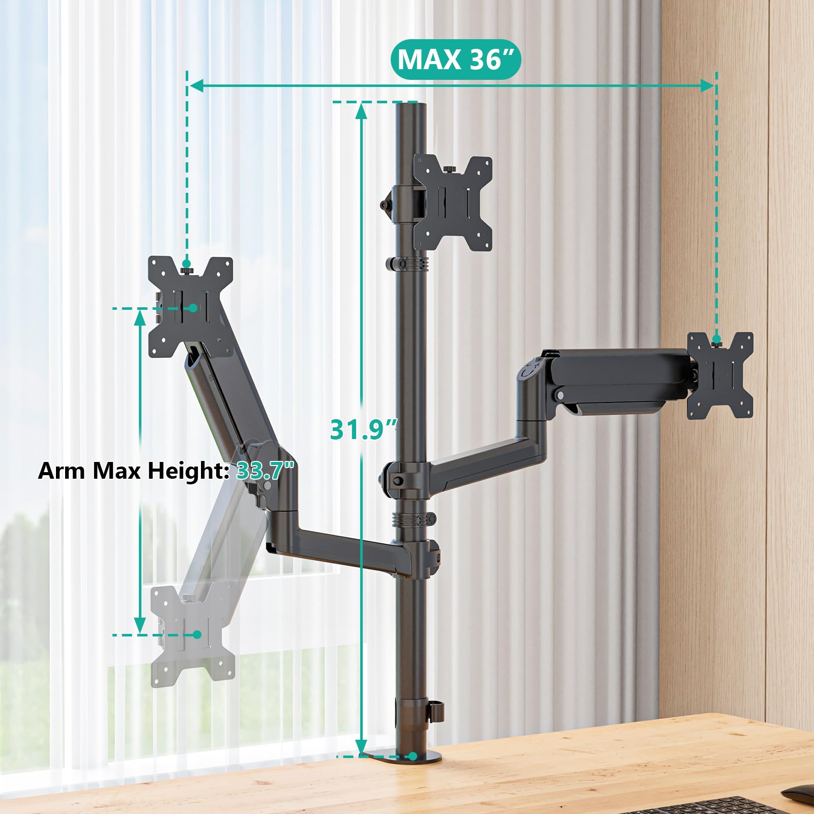 Triple Monitor Mount for 13-27 inch Screens, Taller 3 Monitor Desk Mount, up to 19.8lbs, 31.9 inch Height Max, Adjustable Triple Monitors Stand, VESA 75/100mm (GSDM003S), Black