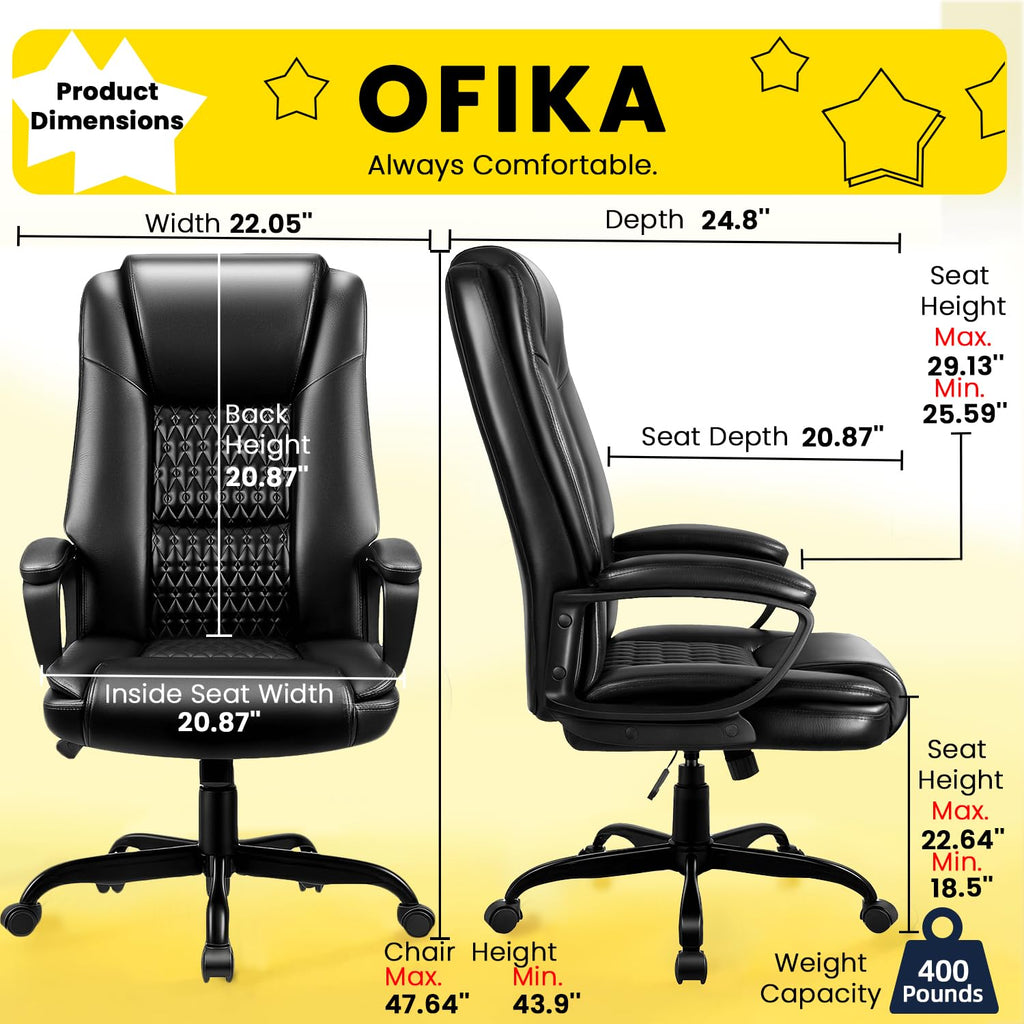 Leather Office Desk Chair,Ergonomic Office Chair with Lumbar Support,Computer Chair,Executive Leather Chair with Padded Flip-up Arm,Adjustable Armrests, Black,275LBS