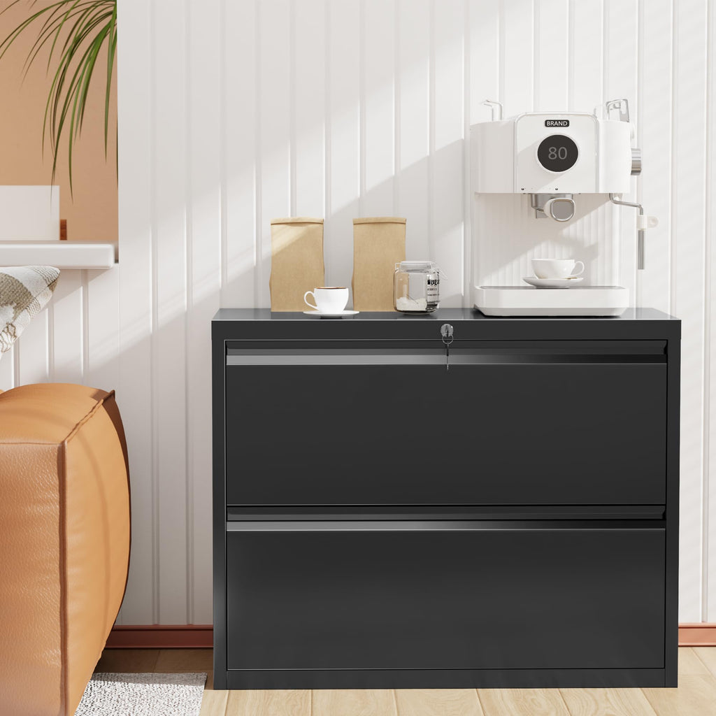 Lateral File Cabinet 2 Drawer, Black Metal File Cabinets for Home Office, Locking File Cabinet for Letter/Legal/F4/A4 Size, Easy Assembly
