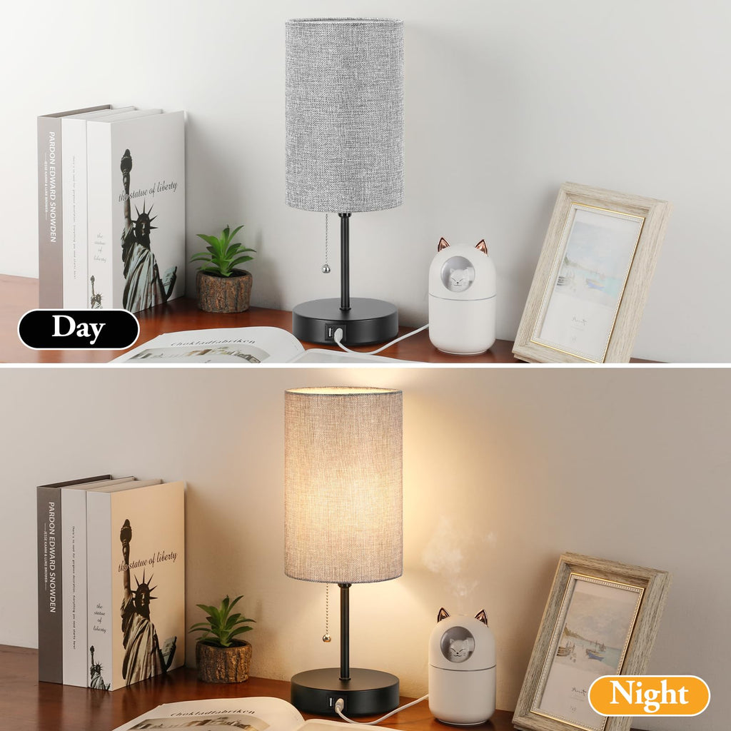 Modern Table Lamps Set of 2, Grey Fabric Shade and Black Metal Base for Living Room Bedroom Office Reading Dorm Hotel