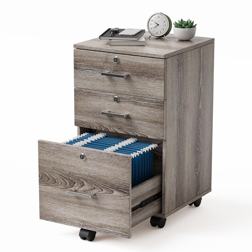 3-Drawer File Cabinet with Lock, Wood Rolling Filing Cabinets for Home Office, Mobile Printer Stand, Under Desk File Organizer for Letter Sized Files, 26" H(Caster Included),Gray Oak