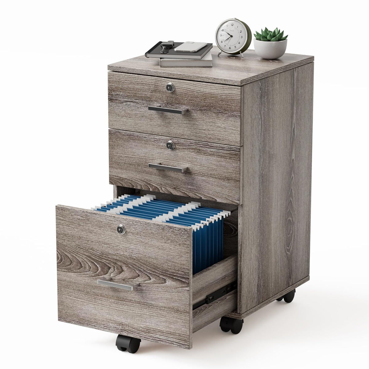 3-Drawer File Cabinet with Lock, Wood Rolling Filing Cabinets for Home Office, Mobile Printer Stand, Under Desk File Organizer for Letter Sized Files, 26" H(Caster Included),Gray Oak