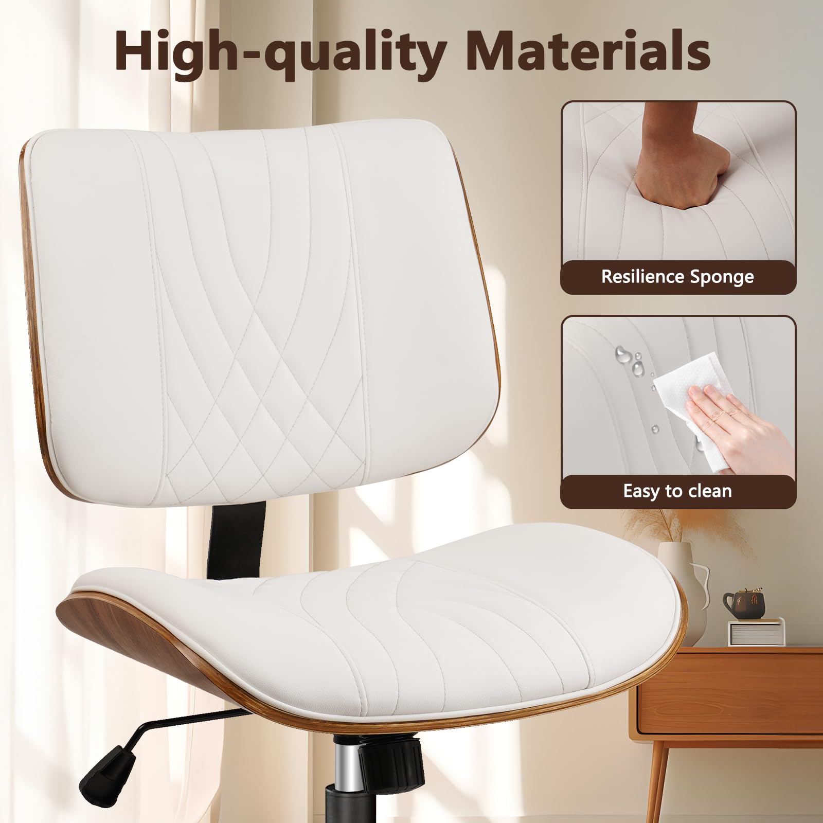 Armless Home Office Chair, Desk Chair with Wheels, Adjustable Height Reading Chair, Leather Mid Back & Swivel Computer Chair, Modern Walnut Chairs with Back for Studio Meeting Room(White)