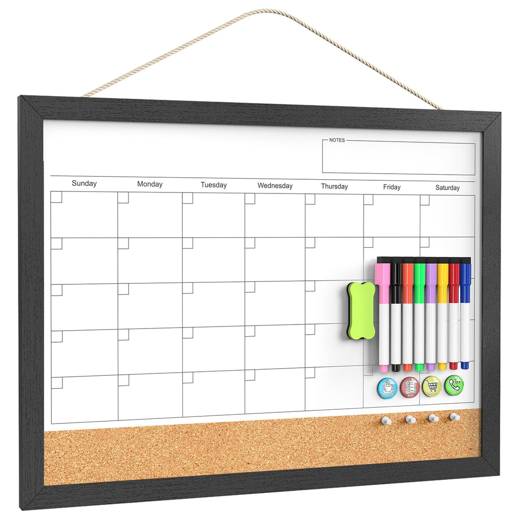 Dry Erase Calendar for Wall, 18x24 Inches Calendar Whiteboard for Wall, Magnetic Monthly White Board Corkboard with Wood Framed, Hanging Dry Erase Board for Kitchen Home Office School Planner