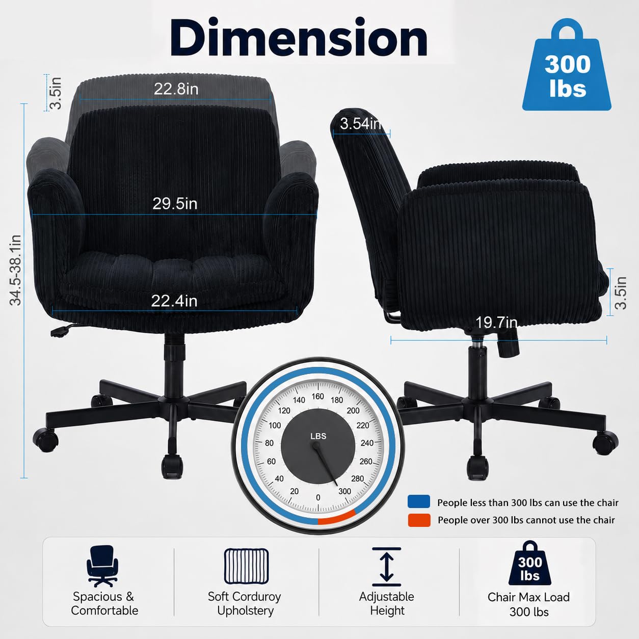 Criss Cross Office Chair with Wheels and Arms, Vanity Chair with Back, Comfy Swivel Cross Legged Office Chairs for Ultimate Comfort and Support, Unique Multifunctional Stylish Arms (Corduroy Black)