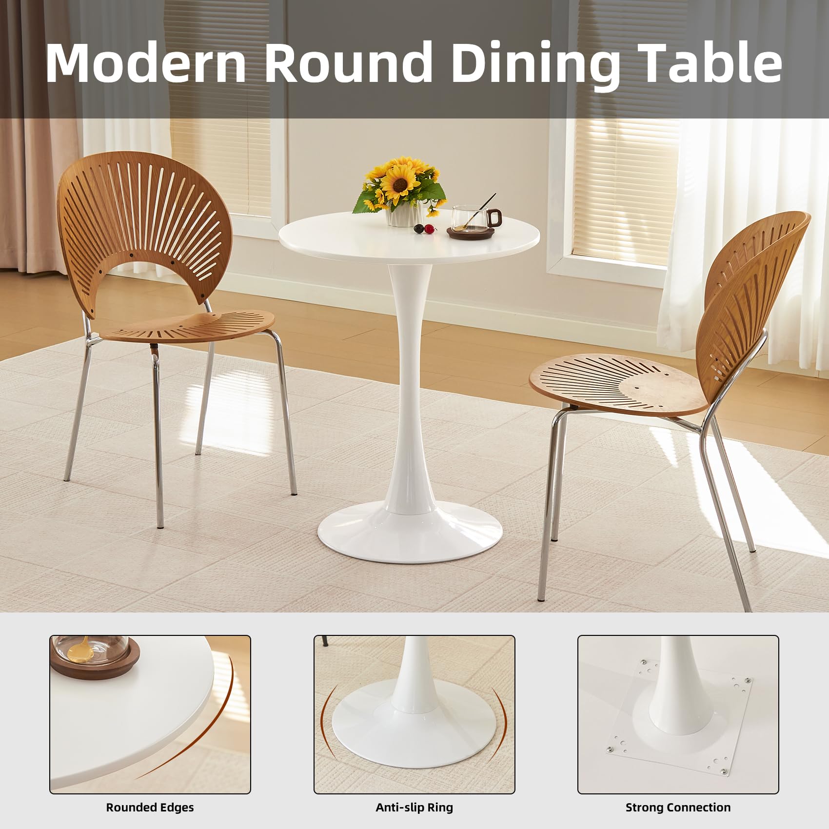 Hansweld Round Dining Table, 24" Circle Tulip Table with Thickened Tabletop & Metal Pedestal, Mid Century Modern Bistro Table for Kitchen, Small Places, Living Room, Cafe (White)