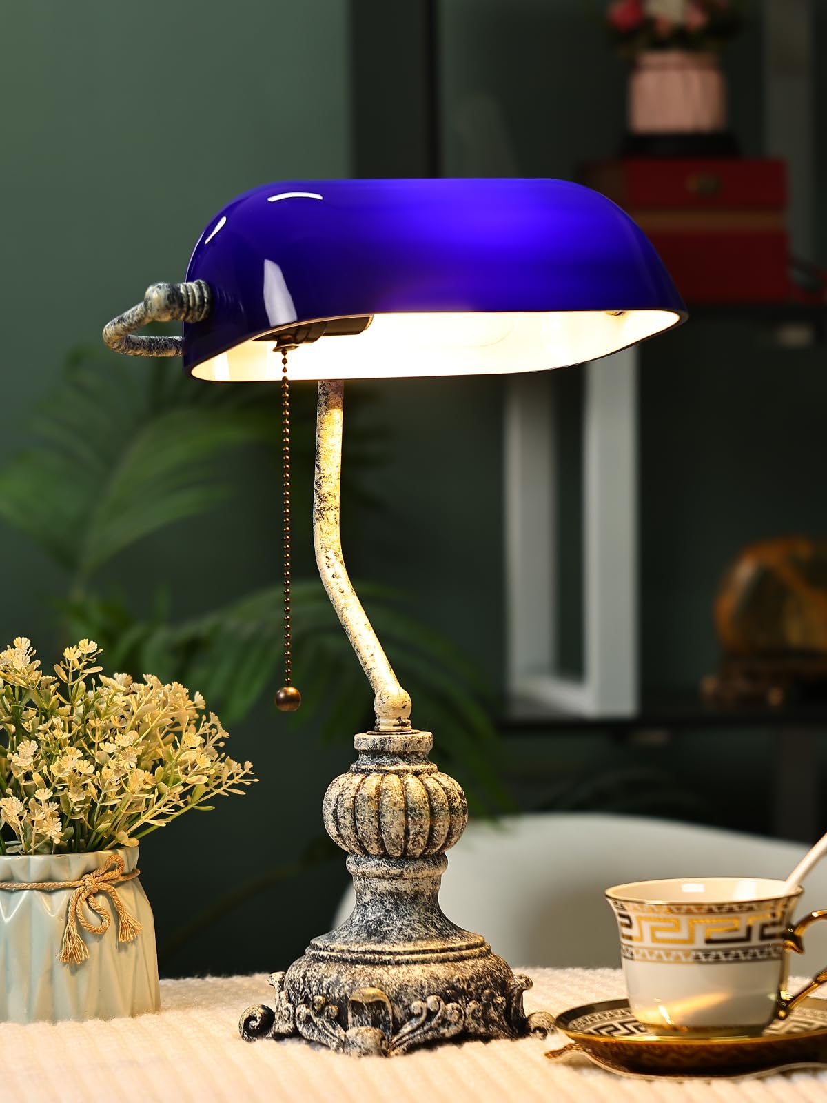Retro Blue Glass Bankers Desk Lamp,LED Bulb Included